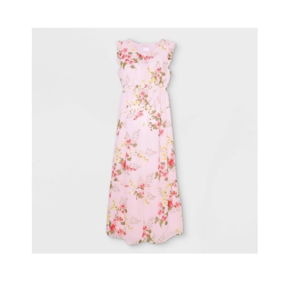 XS Ruffle Cap Sleeve Sheer Lined Maternity Dress~Pink Floral~Isabel Maternity